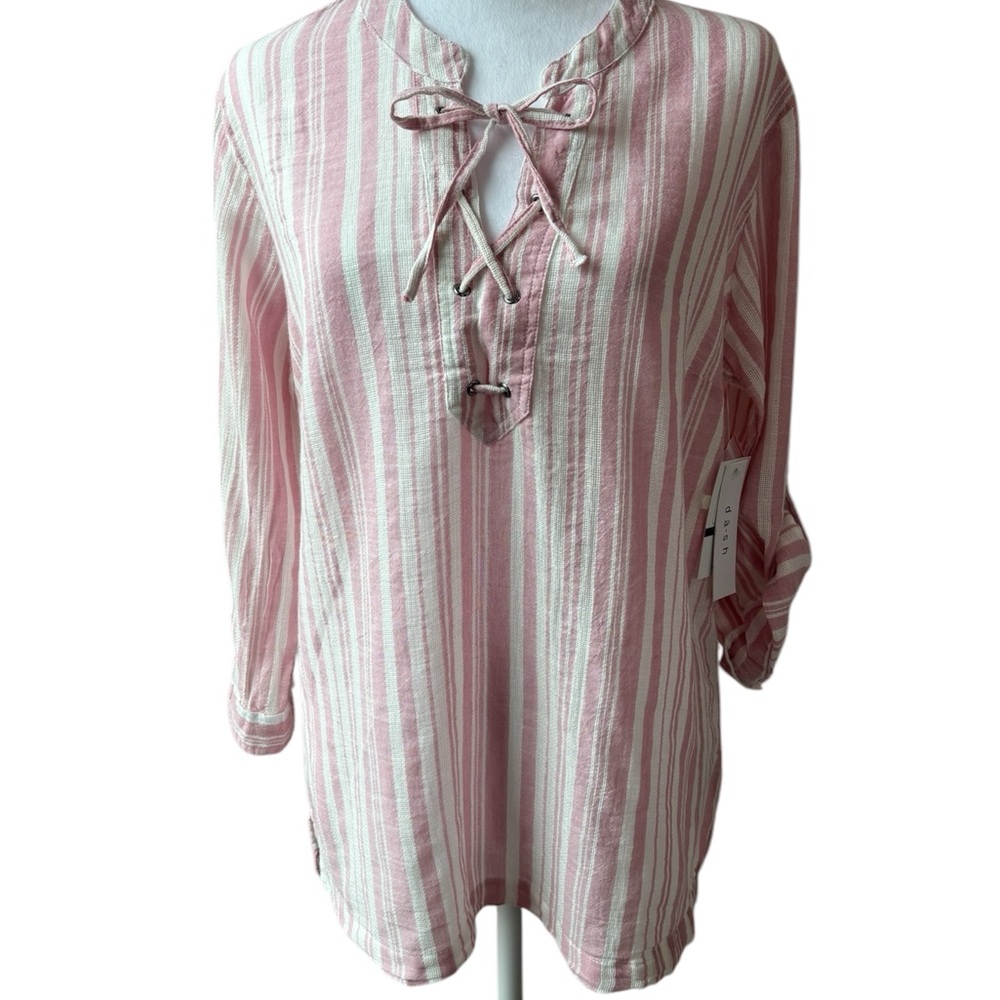 d a s h pink stripe M NWT tie front tunic tab sleeve Cotton summer Versatile